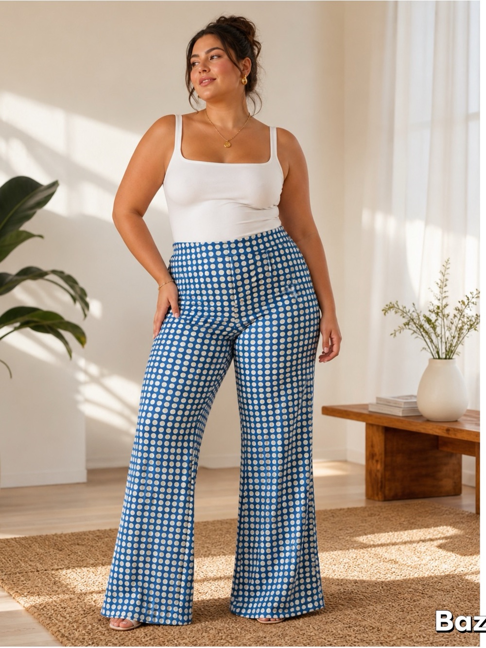 Sz L H&M Blue & Green Polka Dot Stretch Flare Leg Pants NWT